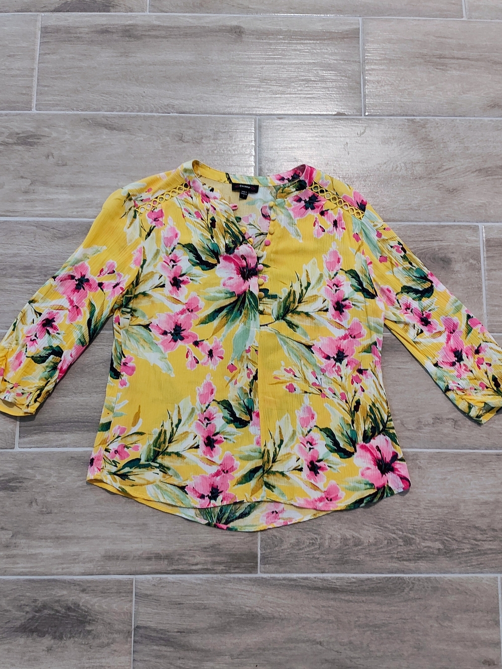 Cocomo Yellow Floral Blouse with Pink Accents